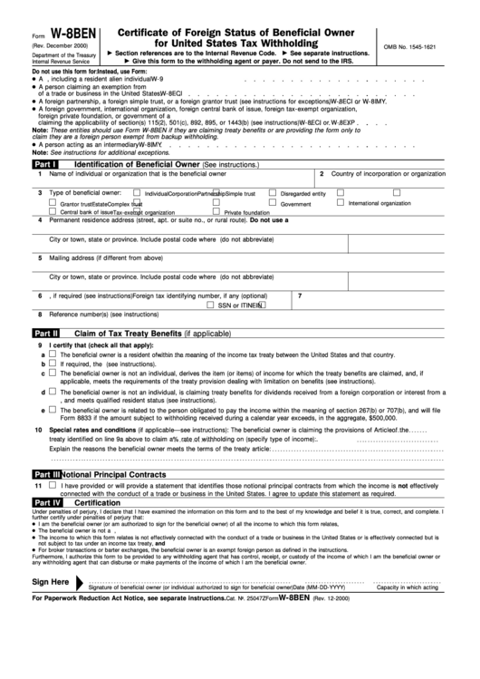 Form W-8ben - Certificate Of Foreign Status Of Beneficial Owner For United States Tax Withholding Printable pdf