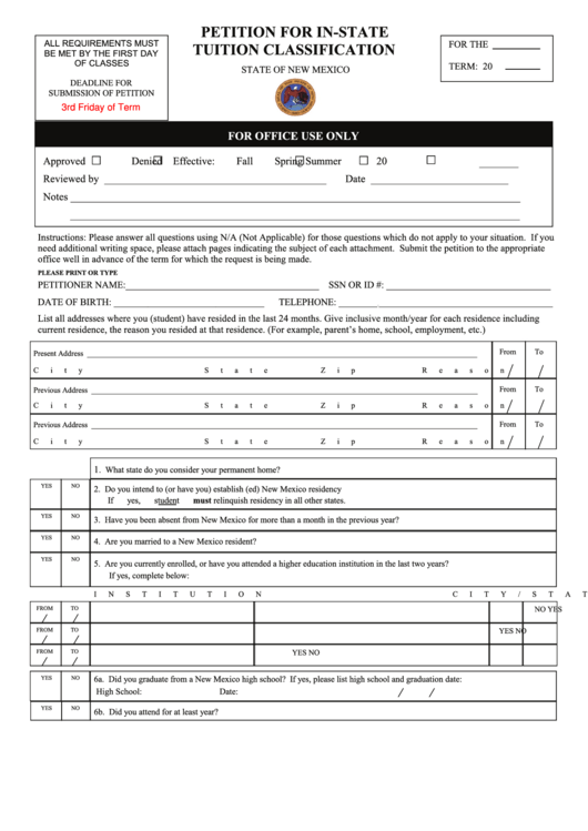 Petition For In-State Tuition Classification Form - State Of New Mexico Printable pdf