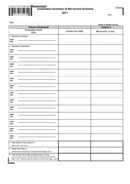 Form 83-310-11-8-1-000 - Mississippi Corporation Summary Of Net Income Schedule - 2011 Printable pdf