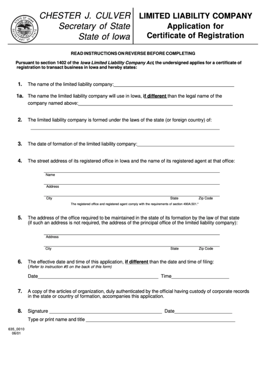 Application For Certificate Of Registration For A Limited Liability Company - Iowa Secretary Of State - 2001 Printable pdf