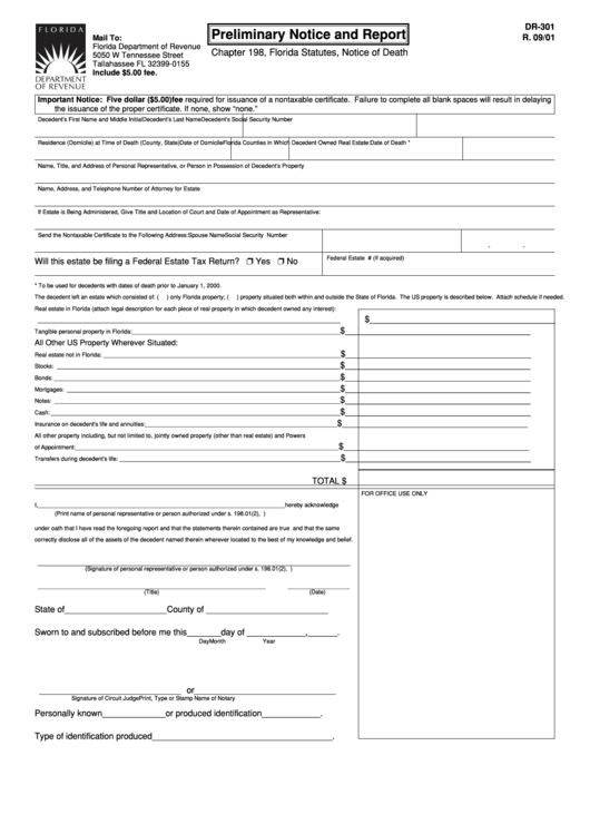 Form Dr-301 - Preliminary Notice And Report Printable pdf
