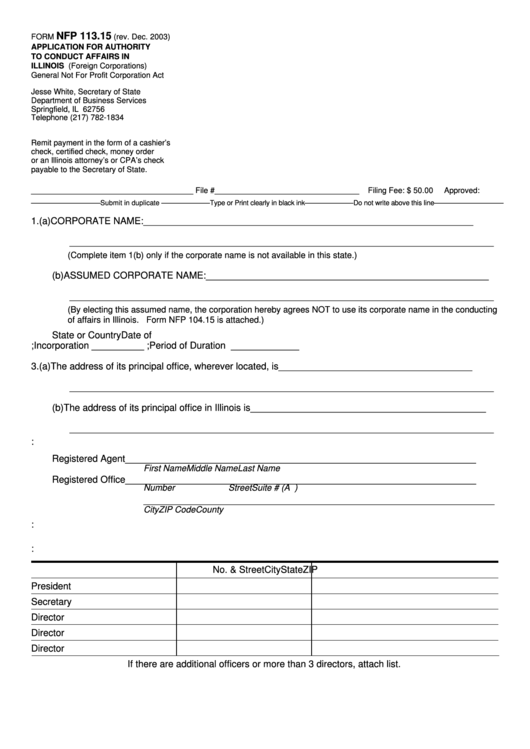 Fillable Form Nfp 113.15 - Application For Authority To Conduct Affairs In Illinois - Secretary Of State Printable pdf