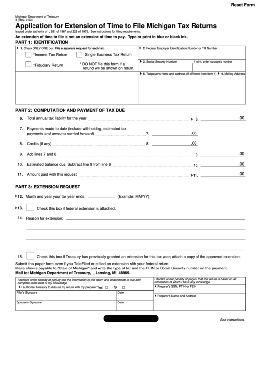 Fillable Form 4 - Application For Extension Of Time To File Michigan Tax Returns - Michigan Department Of Treasury - 2003 Printable pdf