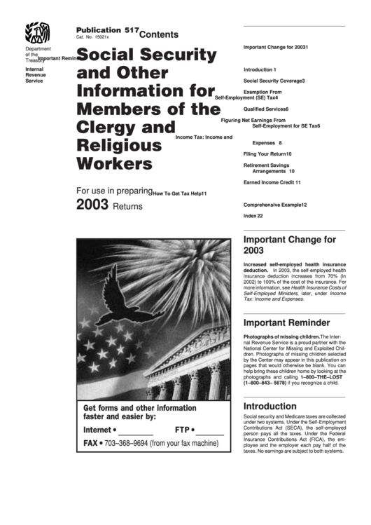 Publication 517 - Social Security And Other Information For Members Of The Clergy And Religious Workers - 2003 Printable pdf