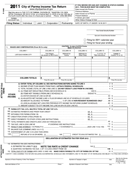 Form P-1040 - City Of Parma Income Tax Return - 2011 Printable pdf