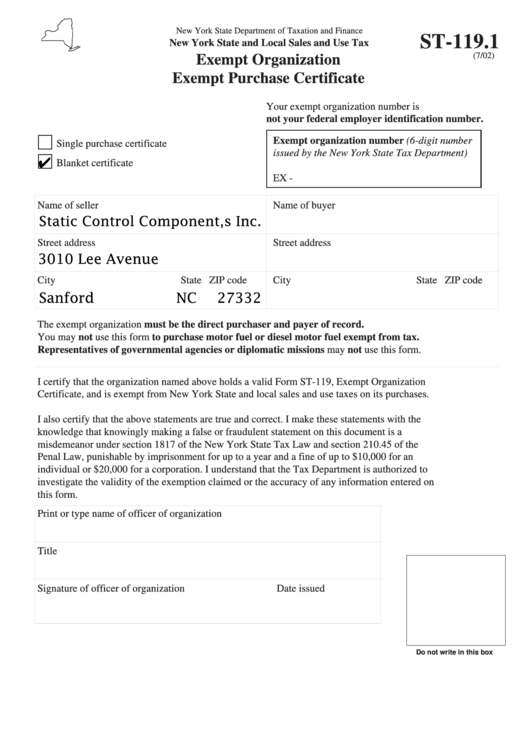 Fillable Form St-119.1 - Exempt Organization Exempt Purchase Certificate Printable pdf
