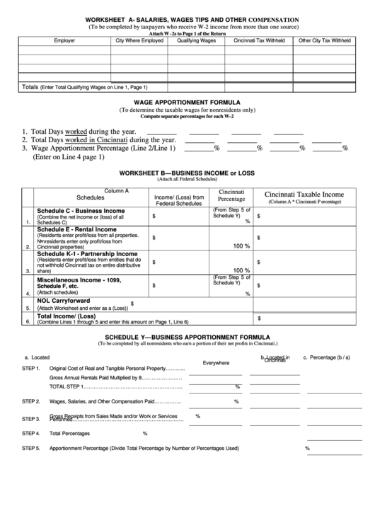 Worksheet A- Salaries - Wages Tips And Other Compensation - City Of Cincinnati - 2004 Printable pdf