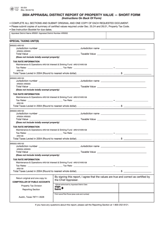 Form 50-254 - 2004 Appraisal District Report Of Property Value Short Form Printable pdf