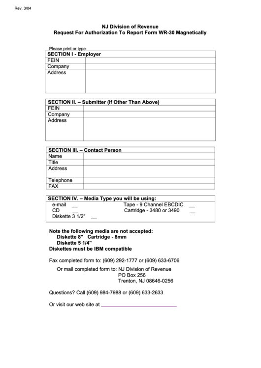 Fillable Request For Authorization To Report Form Wr 30 Magnetically 