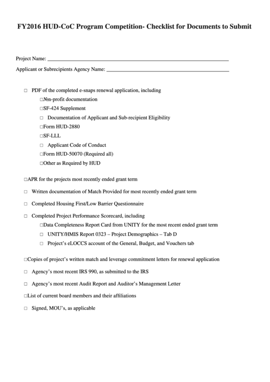 Fy2016 Hud-Coc Program Competition- Checklist For Documents To Submit Printable pdf