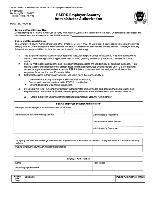Fillable Form Psrs-1270 - Psers Employer Security Administrator Authorization Printable pdf