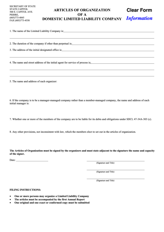 Fillable Articles Of Organization Of A Domestic Limited Liability Company - South Dakota Secretary Of State Printable pdf