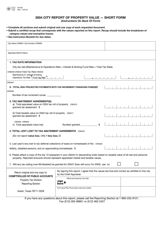 Form 50-255 - City Report Of Property Value - Short Form - 2004 Printable pdf