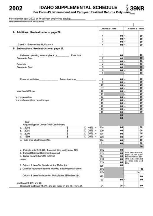 Form 39nr - Idaho Supplemental Schedule - 2002 Printable pdf