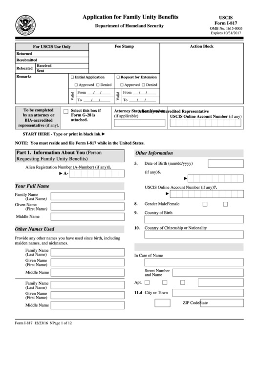 Fillable Form I-817 - Application For Family Unity Benefits Printable pdf