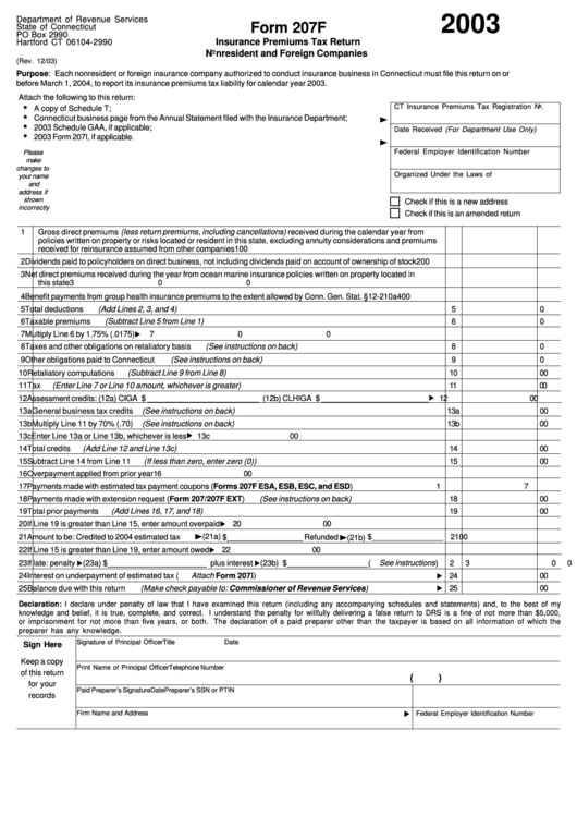 Form 207f - Insurance Premiums Tax Return Nonresident And Foreign Companies - 2003 Printable pdf