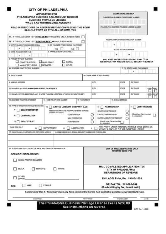Form 83-T-5 - Application For Philadelphia Business Tax Account Number Business Privilege License Wage Tax Withholding Account Printable pdf