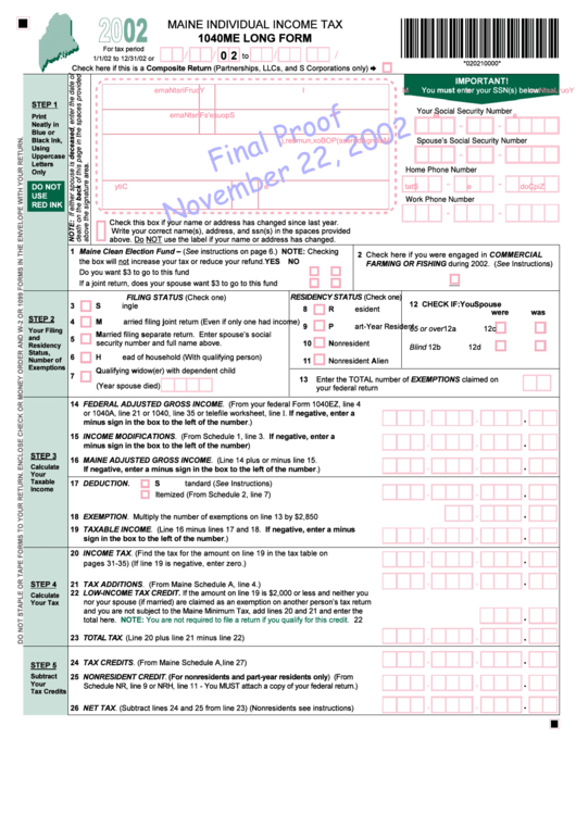 1040me Long Form Draft - Maine Individual Income Tax - 2002 Printable pdf