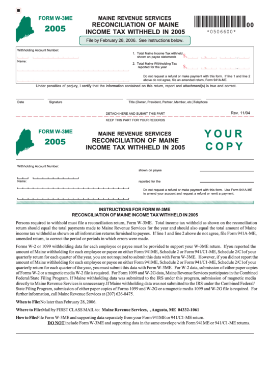 Form W-3me - Reconciliation Of Maine Income Tax Withheld - 2005 Printable pdf