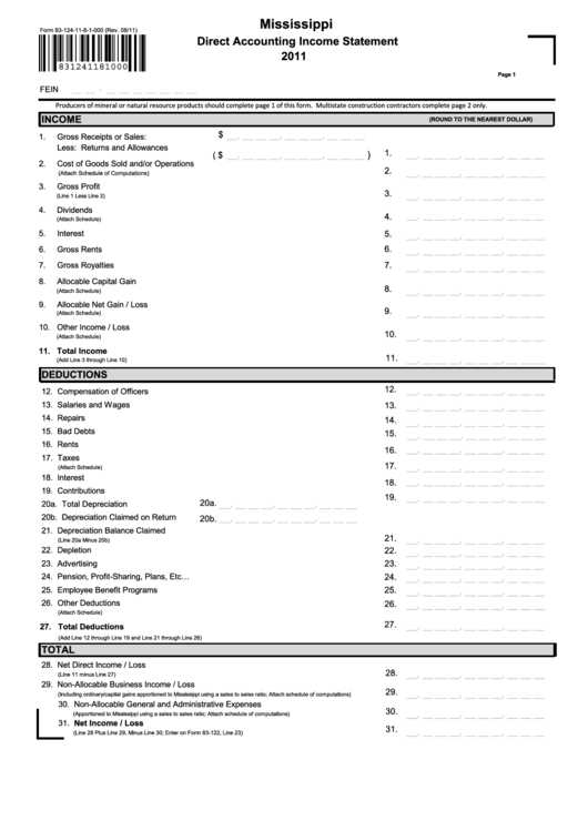 Form 83-124-11-8-1-000 - Mississippi Direct Accounting Income Statement - 2011 Printable pdf