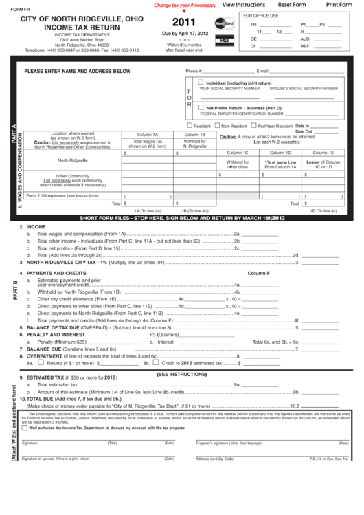 Fillable Form Fr - Income Tax Return - City Of North Ridgeville - 2011 Printable pdf