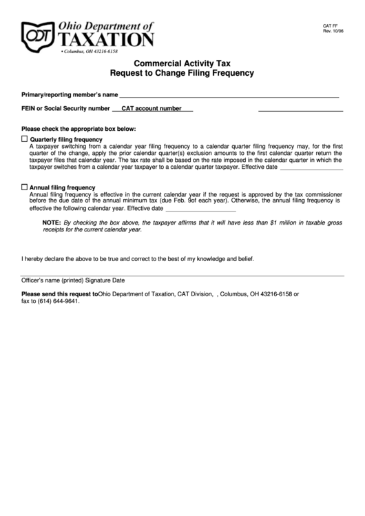 Commercial Activity Tax Request To Change Filing Frequency - Ohio Department Of Taxation Printable pdf
