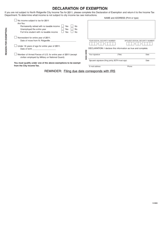 Declaration Of Exemption - City Of North Ridgeville Printable pdf