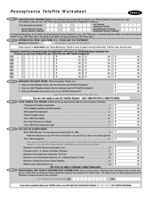 Fillable Pennsylvania Telefile Worksheet Printable pdf