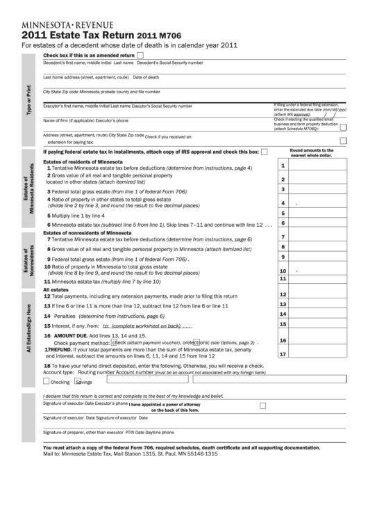 Fillable Form M706 - Estate Tax Return - Minnesota Dept.of Revenue - 2011 Printable pdf