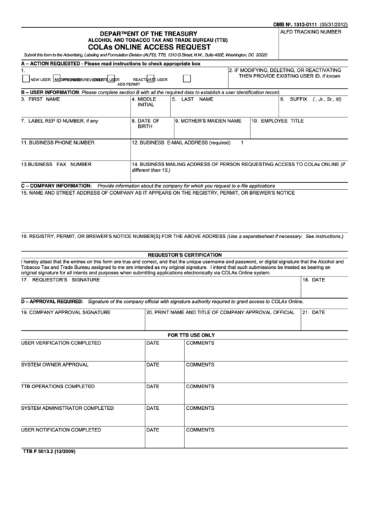Fillable Form Ttb F 5013.2 - Colas Online Access Request Printable pdf