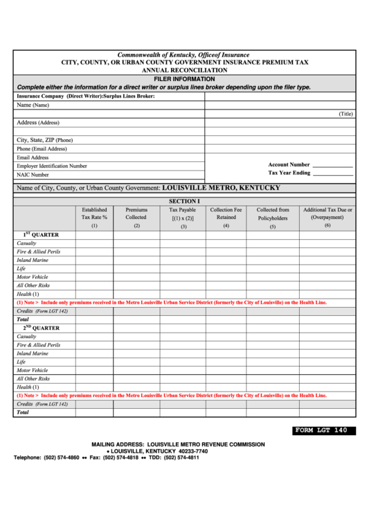 Form Lgt 140 - City, County, Or Urban County Government Insurance Premium Tax Annual Reconciliation Printable pdf
