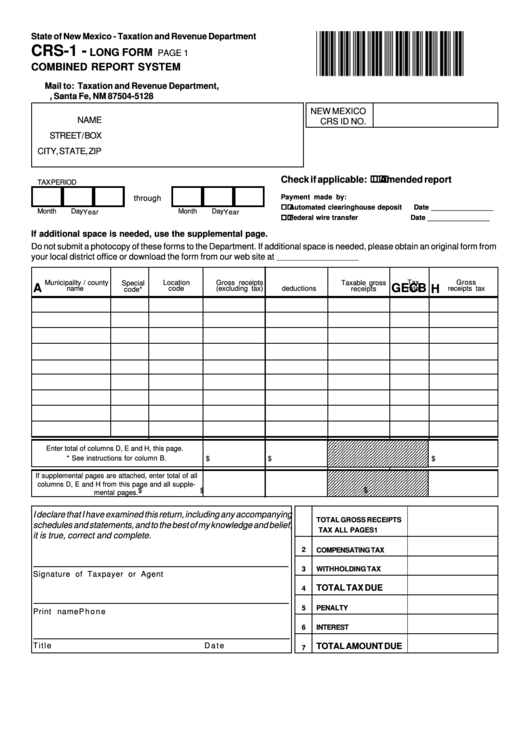 Form Crs-1-Long Form - Combined Report System - Nm Taxation And Revenue Department Printable pdf