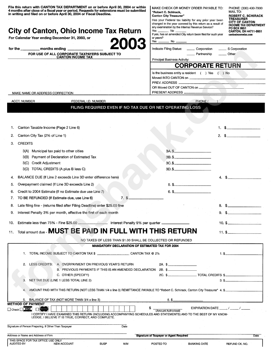 Income Tax Return - City Of Canton, Ohio - 2003