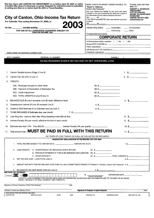 Income Tax Return - City Of Canton, Ohio - 2003 Printable pdf