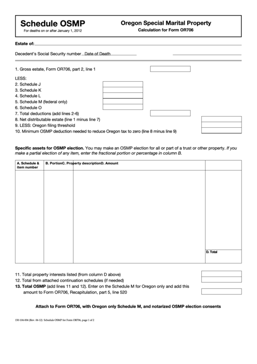 Fillable Form 150-104-004 - Schedule Osmp - Oregon Special Marital Property Printable pdf