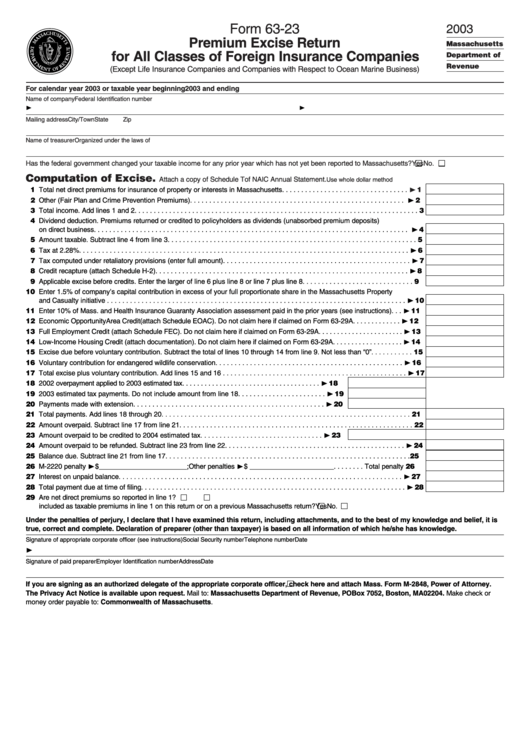 Form 63-23 - Premium Excise Return For All Classes Of Foreign Insurance Companies - 2003 Printable pdf