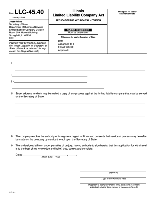 Form Llc-45.40 - Application For Withdrawal - Foreign - 1999 Printable pdf
