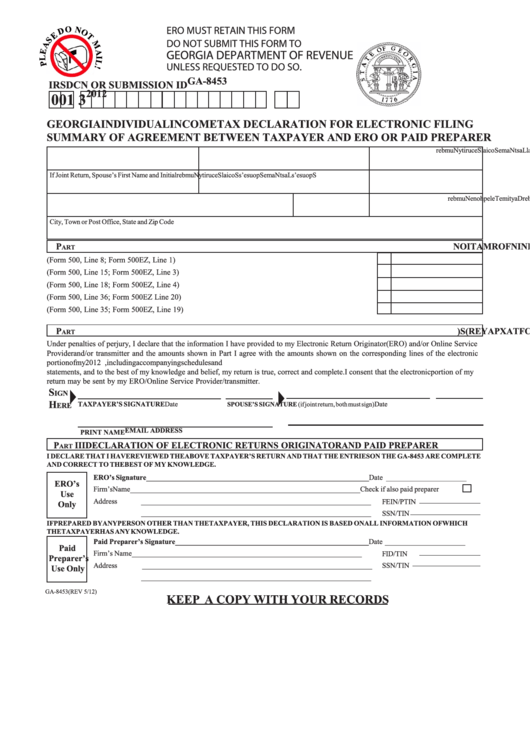 Fillable Form Ga-8453 - Georgia Individual Income Tax Declaration For Electronic Filing Summary Of Agreement Between Taxpayer And Ero Or Paid Preparer - 2012 Printable pdf