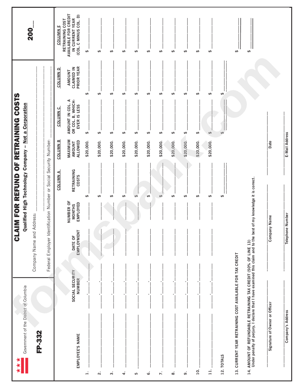 Form Fp-332 - Claim For Refund Of Retraining Costs