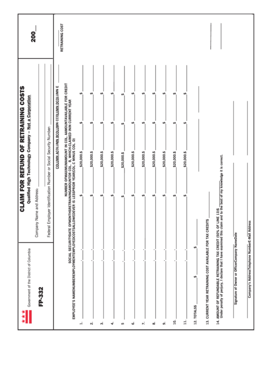 Form Fp-332 - Claim For Refund Of Retraining Costs Printable pdf