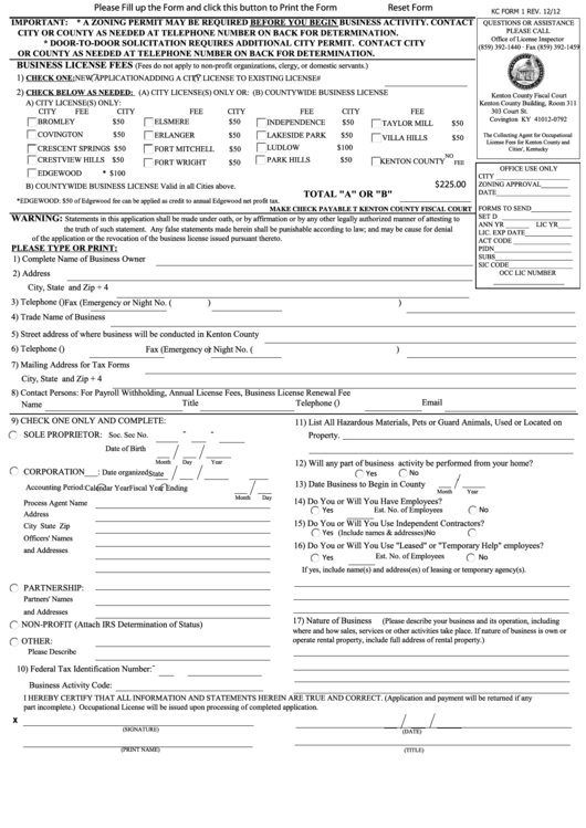 Fillable Kc Form 1 - Business License Fees - Kenton County Fiscal Court Printable pdf