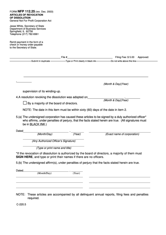 Fillable Form Nfp 112.25 - Articles Of Revocation Of Dissolution Printable pdf