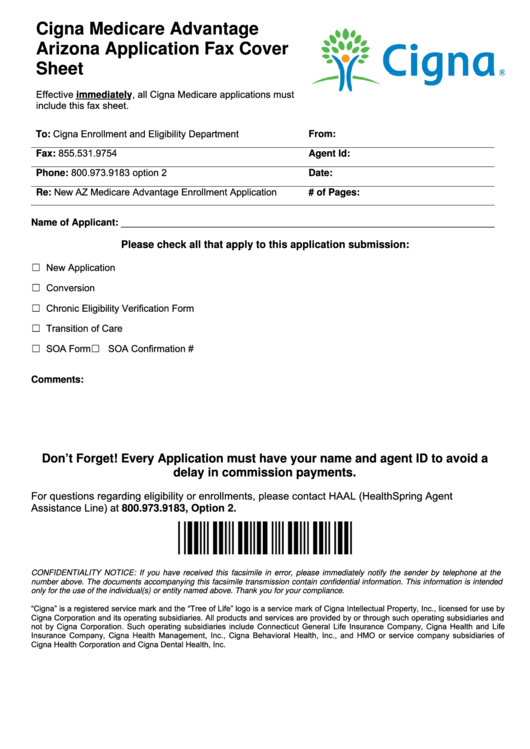 Cigna Medicare Advantage Arizona Application Fax Cover Sheet