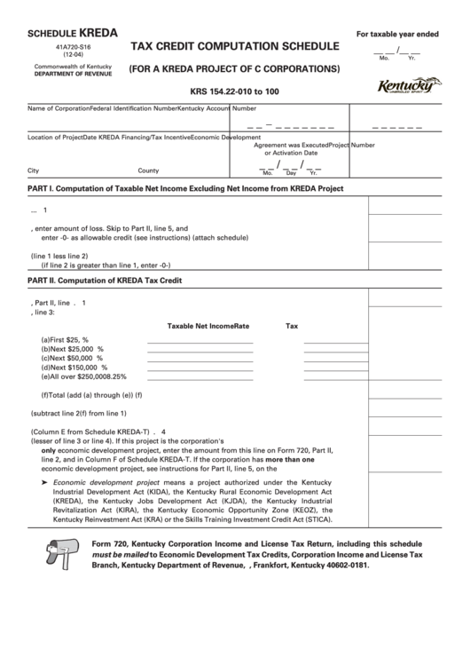 Schedule Kreda (Form 41a720-S16) - Tax Credit Computation Schedule - Kentucky Department Of Revenue Printable pdf