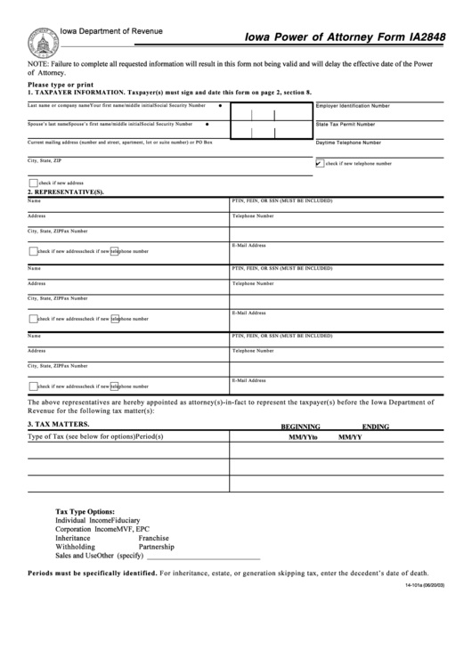 Form Ia2848 - Iowa Power Of Attorney Form