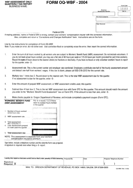 Form Oq-Wbf - Quarterly Tax Report - Oregon Dept. Of Revenue - 2004 Printable pdf