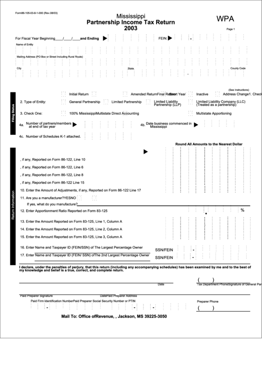 Form 86-105-03-8-1-000 - Mississippi Partnership Income Tax Return - 2003 Printable pdf