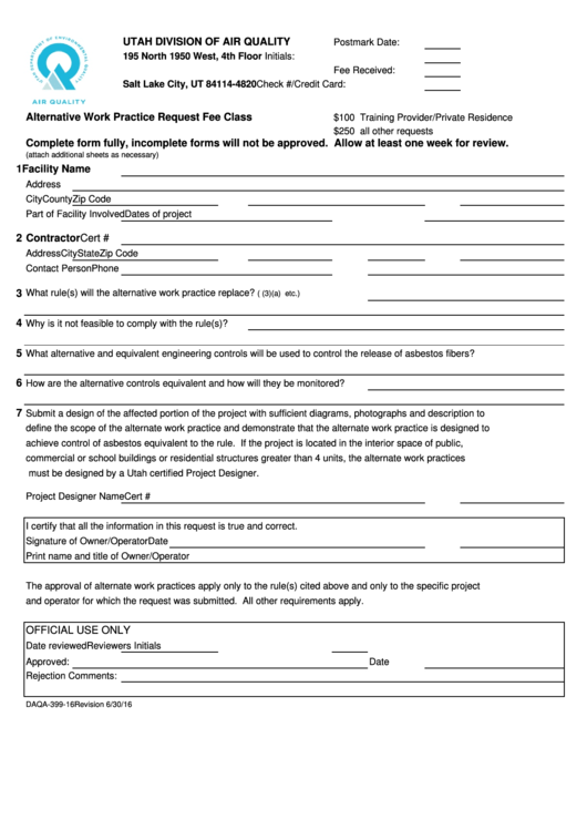 Form Daqa-399-16 - Alternative Work Practice Request - Utah Division Of Air Quality Printable pdf