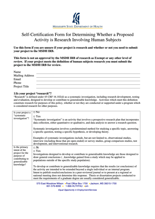Fillable Self-Certification Form For Determining Whether A Proposed Activity Is Research Involving Human Subjects - Mississippi Department Of Health Printable pdf
