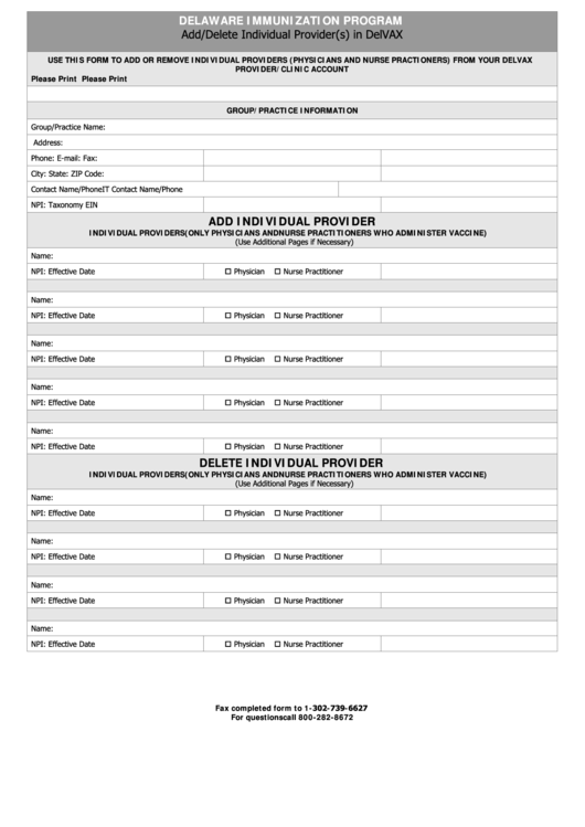 Fillable Add/delete Individual Provider(S) In Delvax - Delaware Immunization Program Printable pdf